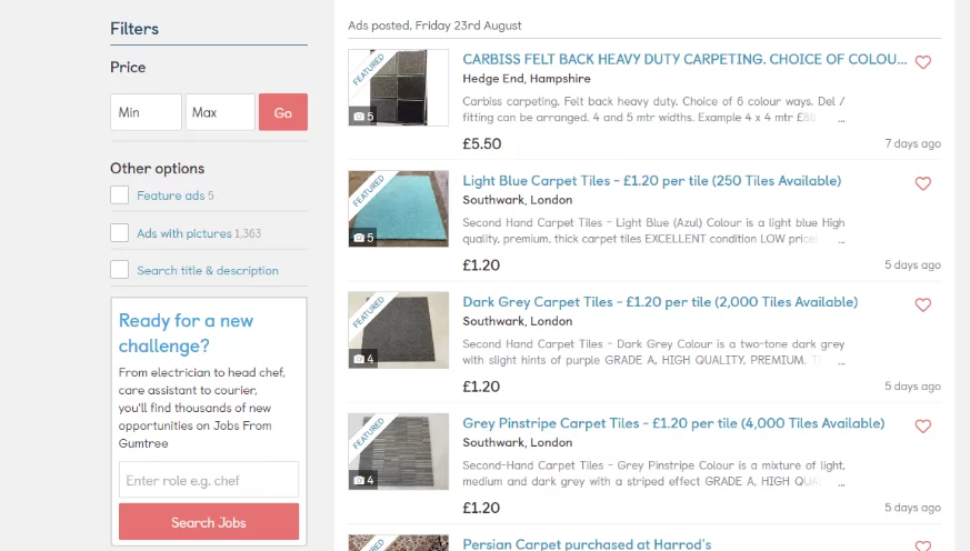 screenshot of gumtree users selling their old and new carpet